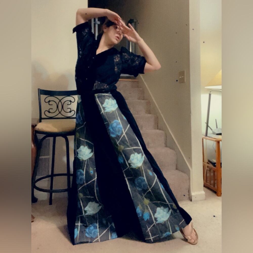 Vintage Black Maxi Skirt with Blue Floral Panels